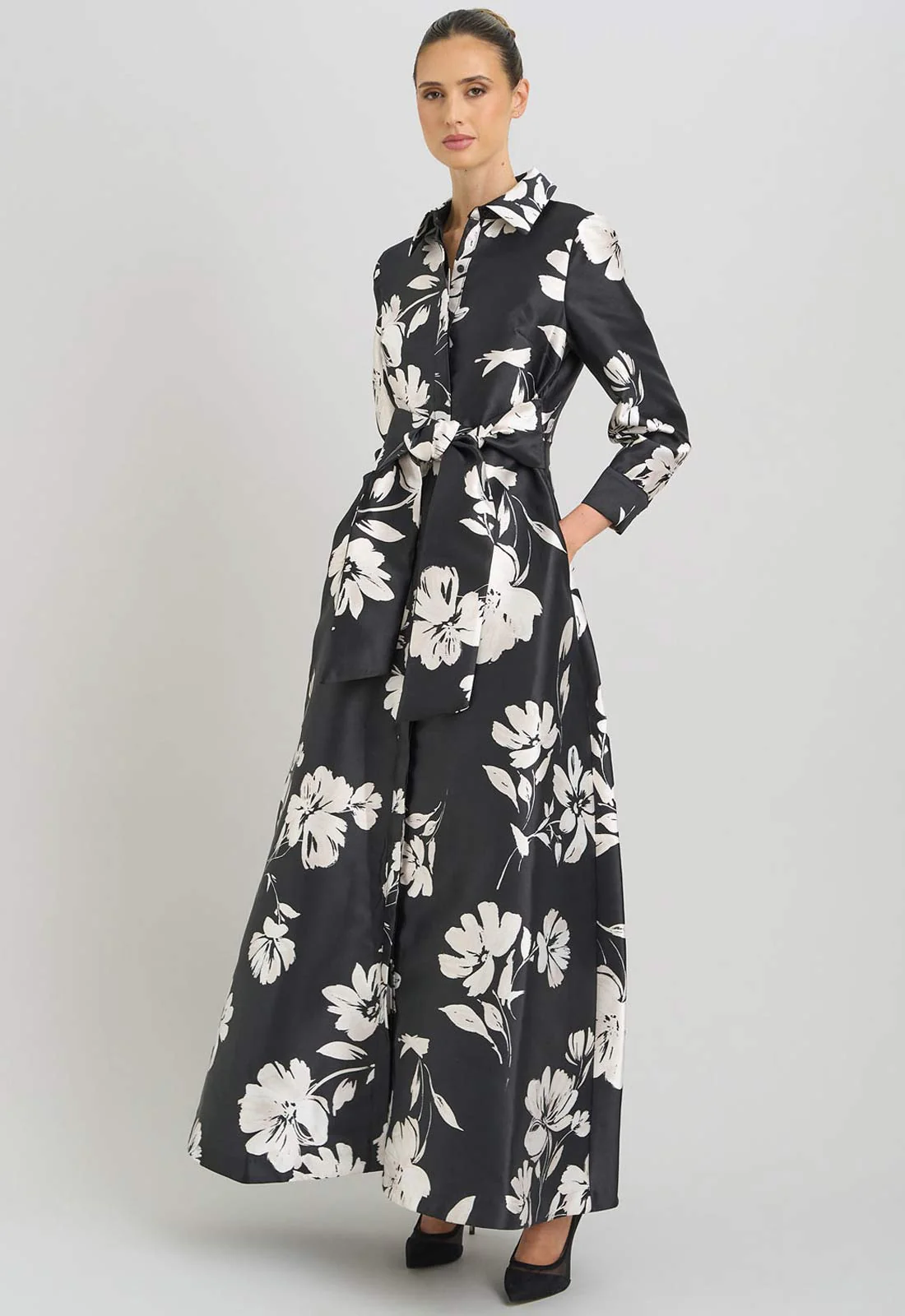 Gina Bacconi Black and White Steph Floral Belt Tie Maxi Dress