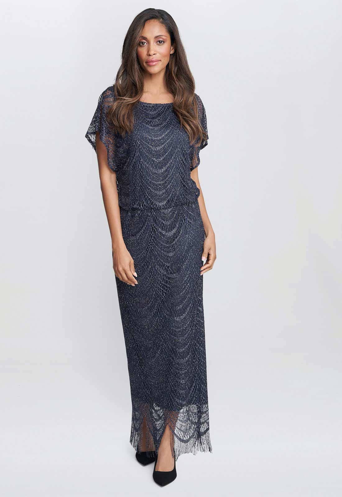Gina Bacconi Blue Arleen Long Blouson Fringe Hem Dress - Image 3