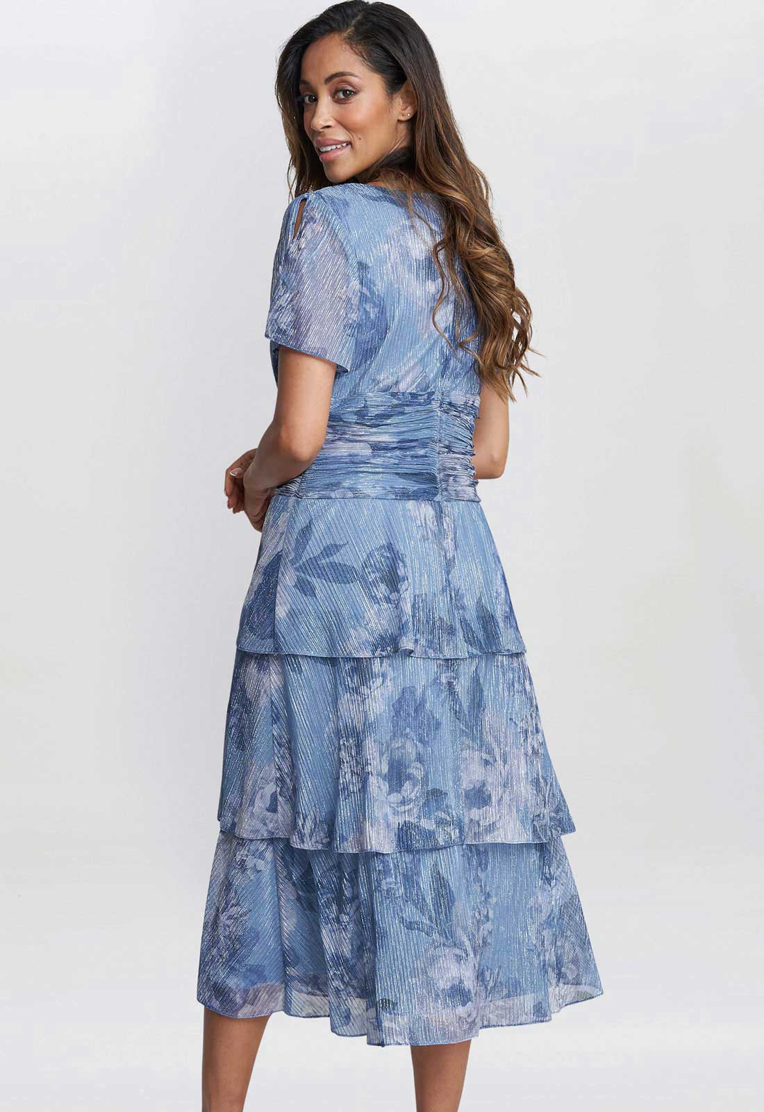 Gina Bacconi Blue Metallic Cherie Midi Printed Metallic Tier Dress - Image 2