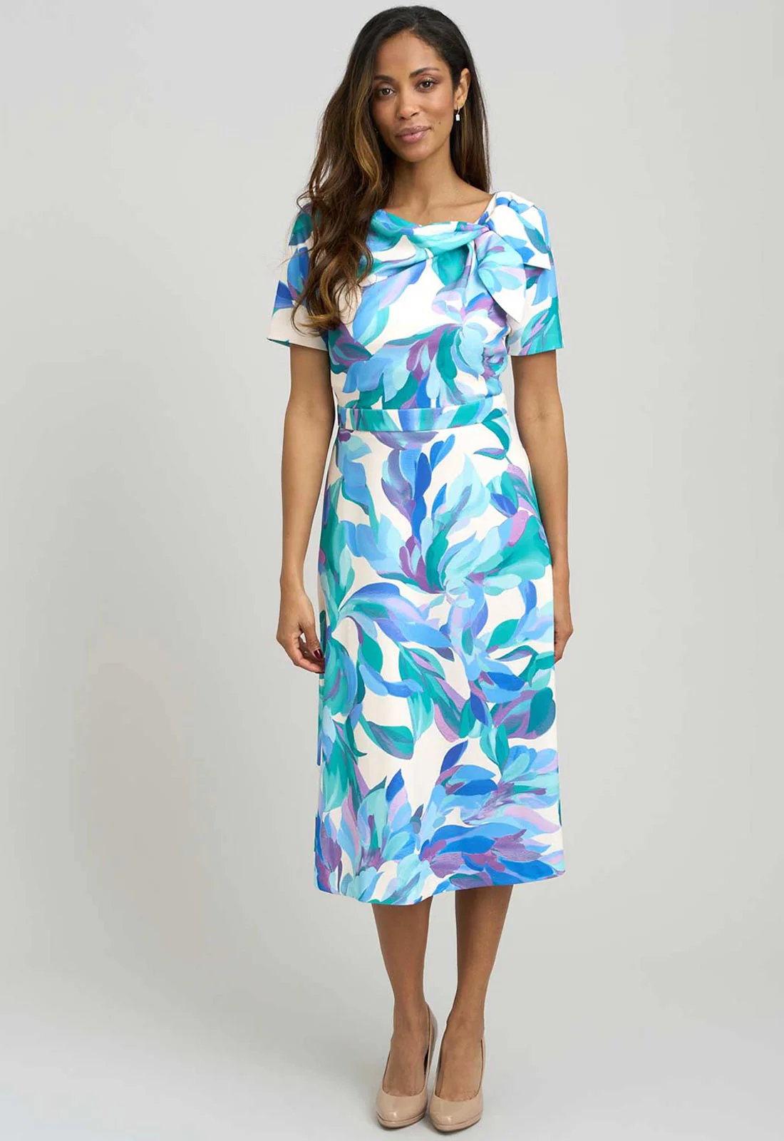 Gina Bacconi BLUE / MULTI Parker Tie Neck Print Dress - Image 3