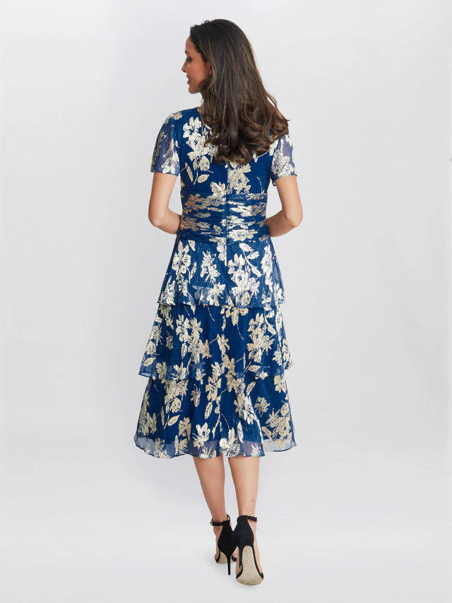 Gina Bacconi Blue Simone Foil Printed Tiered Dress - Image 3