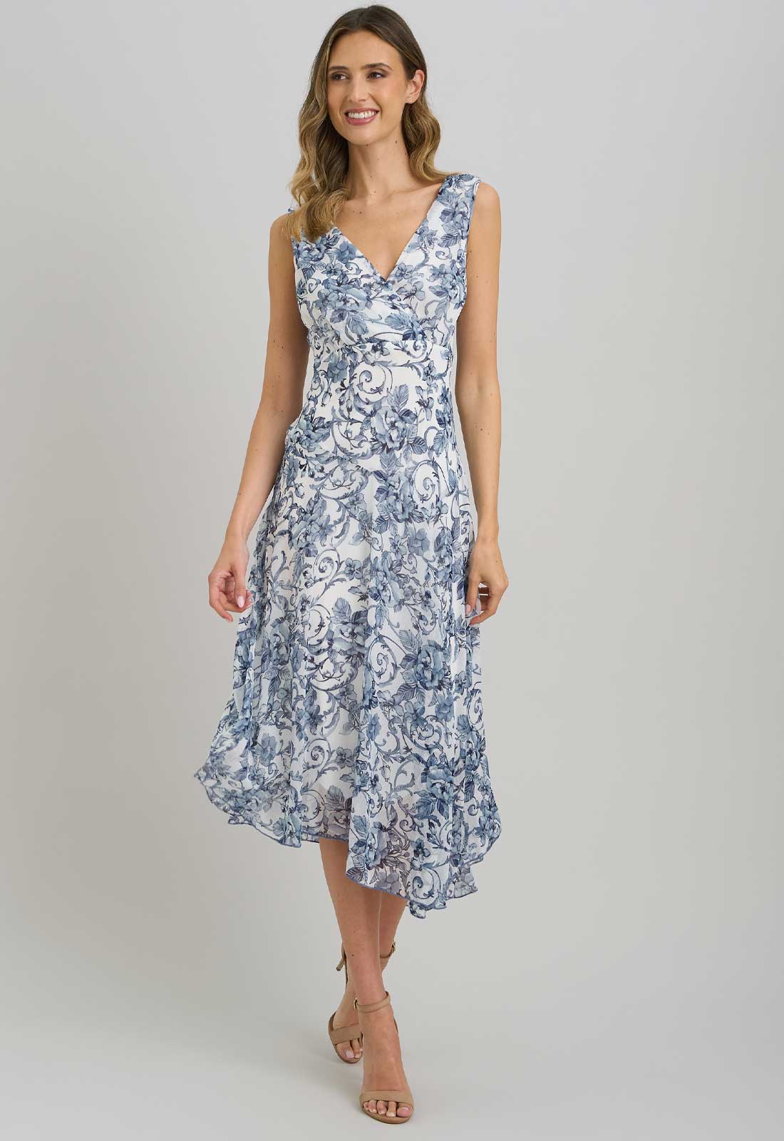 Gina Bacconi BLUE / WHITE India Chiffon Print Dress - Image 4