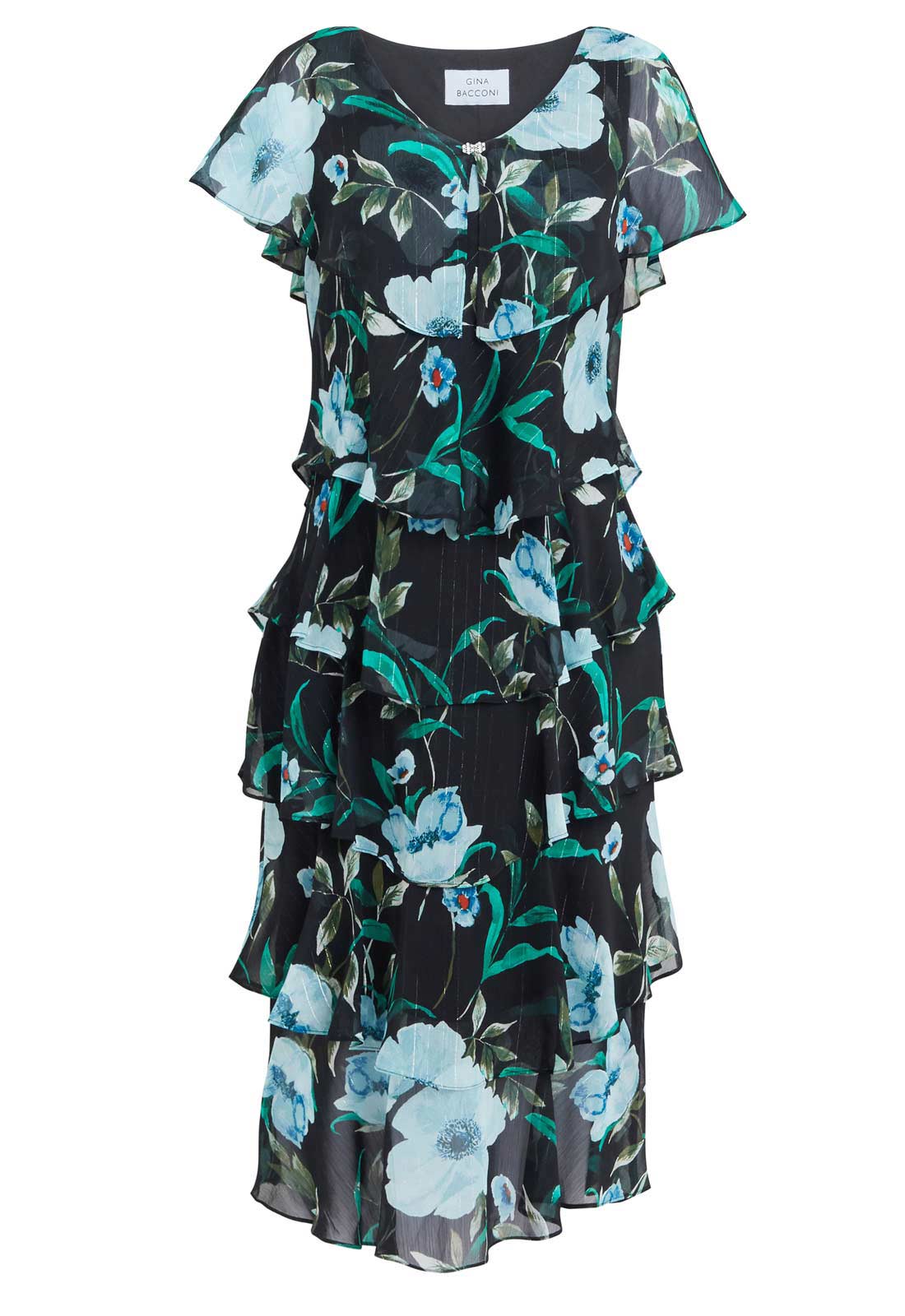 Gina Bacconi Bright Teal Frances Printed Midi Tiered Dress - Image 4