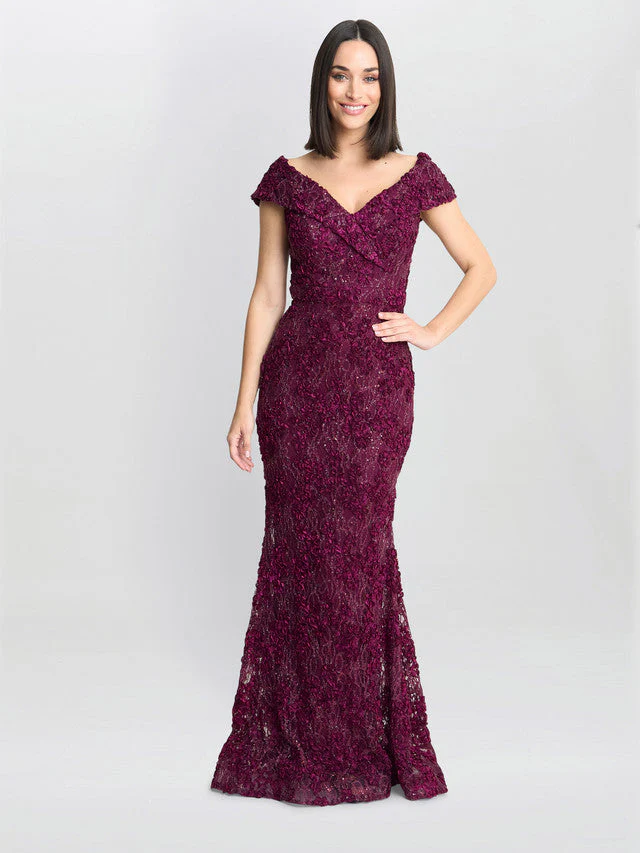 Gina Bacconi Burgundy Brigette Off The Shoulder Lace Maxi Dress - Image 4