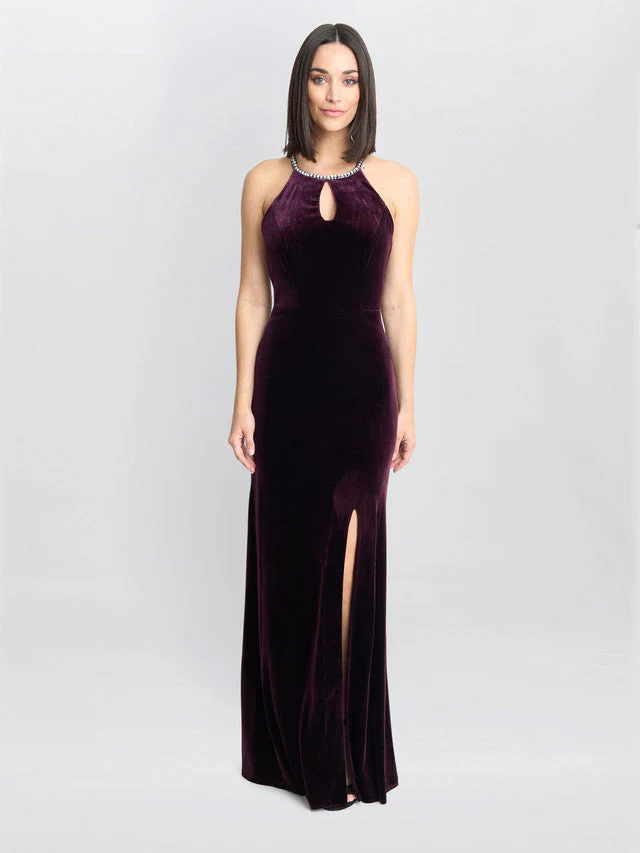 Gina Bacconi Deedee Burgundy Velvet Halter Keyhole Maxi Dress - Image 3