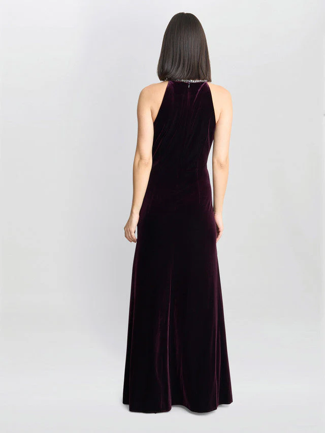 Gina Bacconi Deedee Burgundy Velvet Halter Keyhole Maxi Dress - Image 4