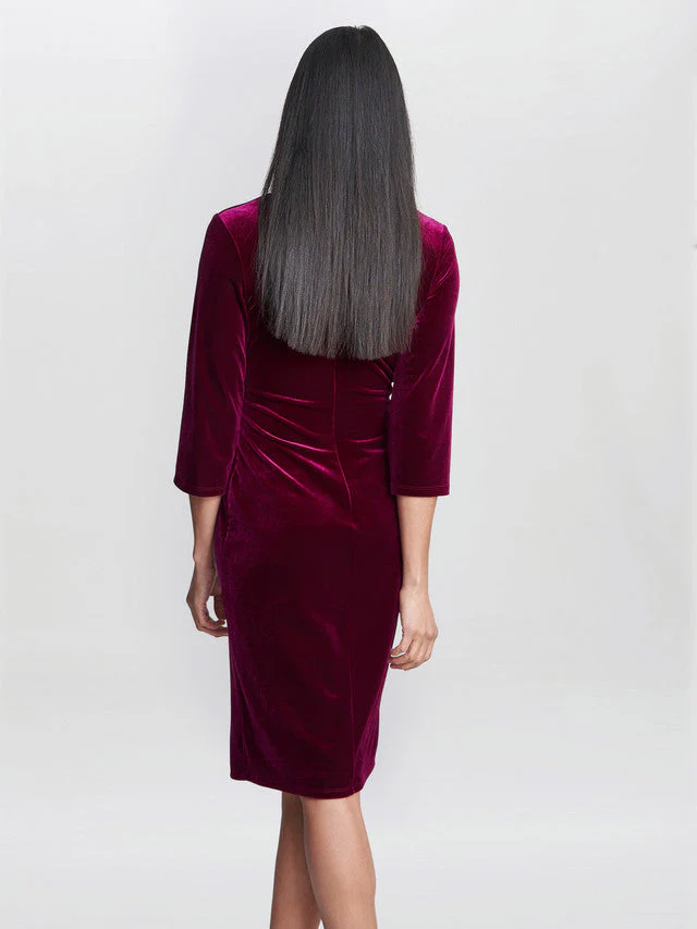 Gina Bacconi Burgundy Rachael Velvet Dress With Gold Trim - Image 4