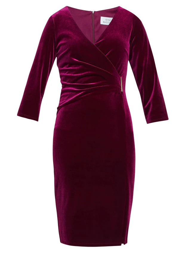 Gina Bacconi Burgundy Rachael Velvet Dress With Gold Trim - Image 5