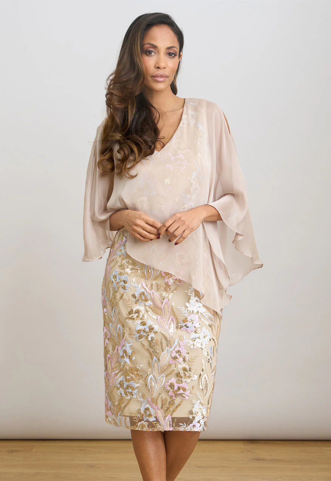 Gina Bacconi Champagne Monroe Short Embroidered Dress With Chiffon Bodice - Image 2