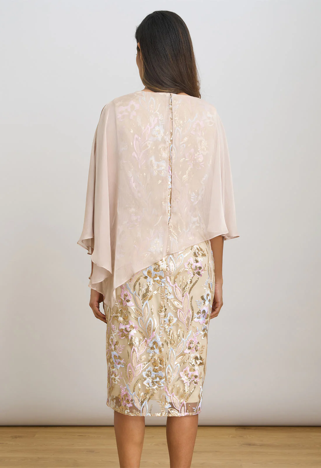 Gina Bacconi Champagne Monroe Short Embroidered Dress With Chiffon Bodice - Image 3