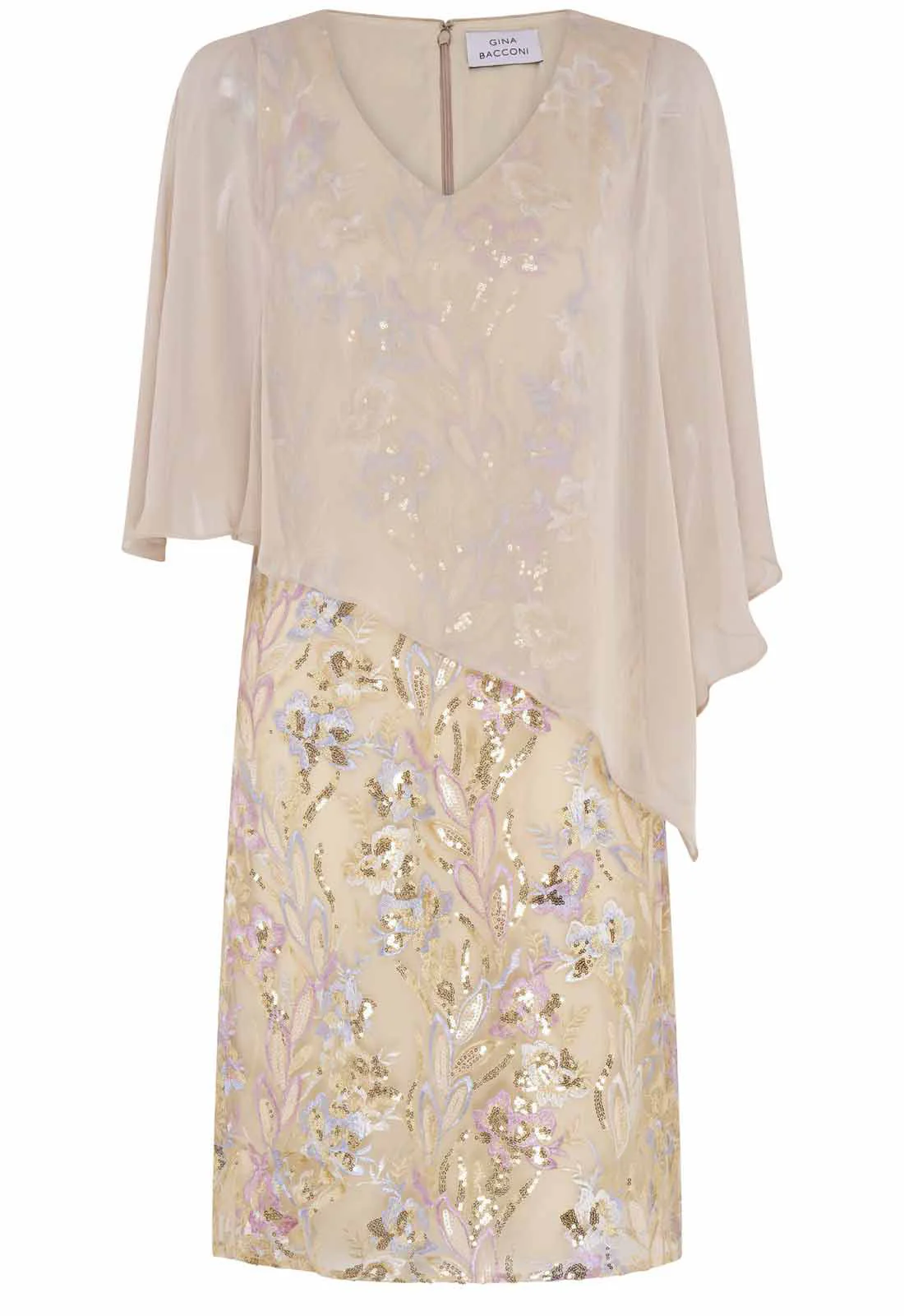 Gina Bacconi Champagne Monroe Short Embroidered Dress With Chiffon Bodice - Image 4
