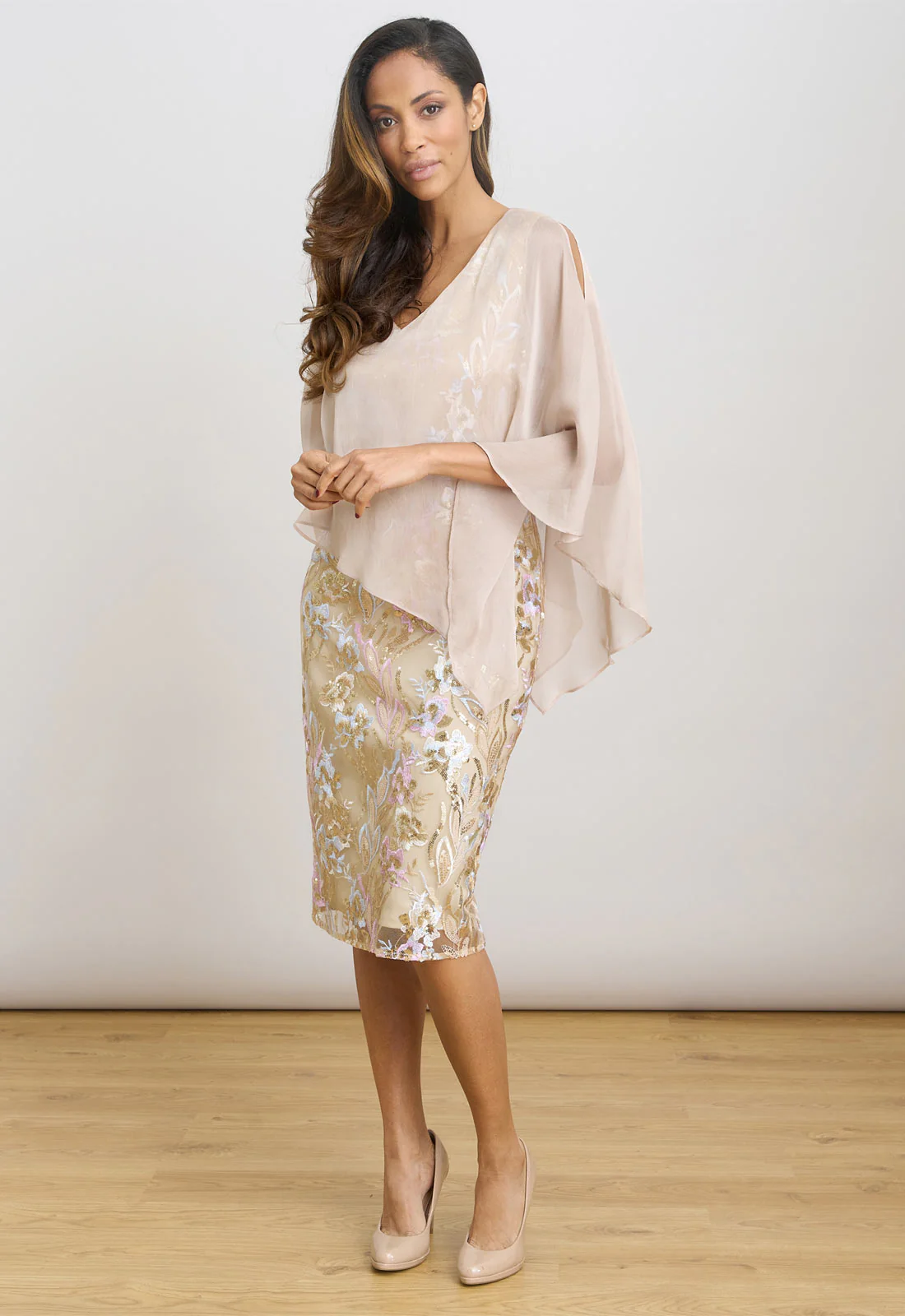 Gina Bacconi Champagne Monroe Short Embroidered Dress With Chiffon Bodice - Image 6