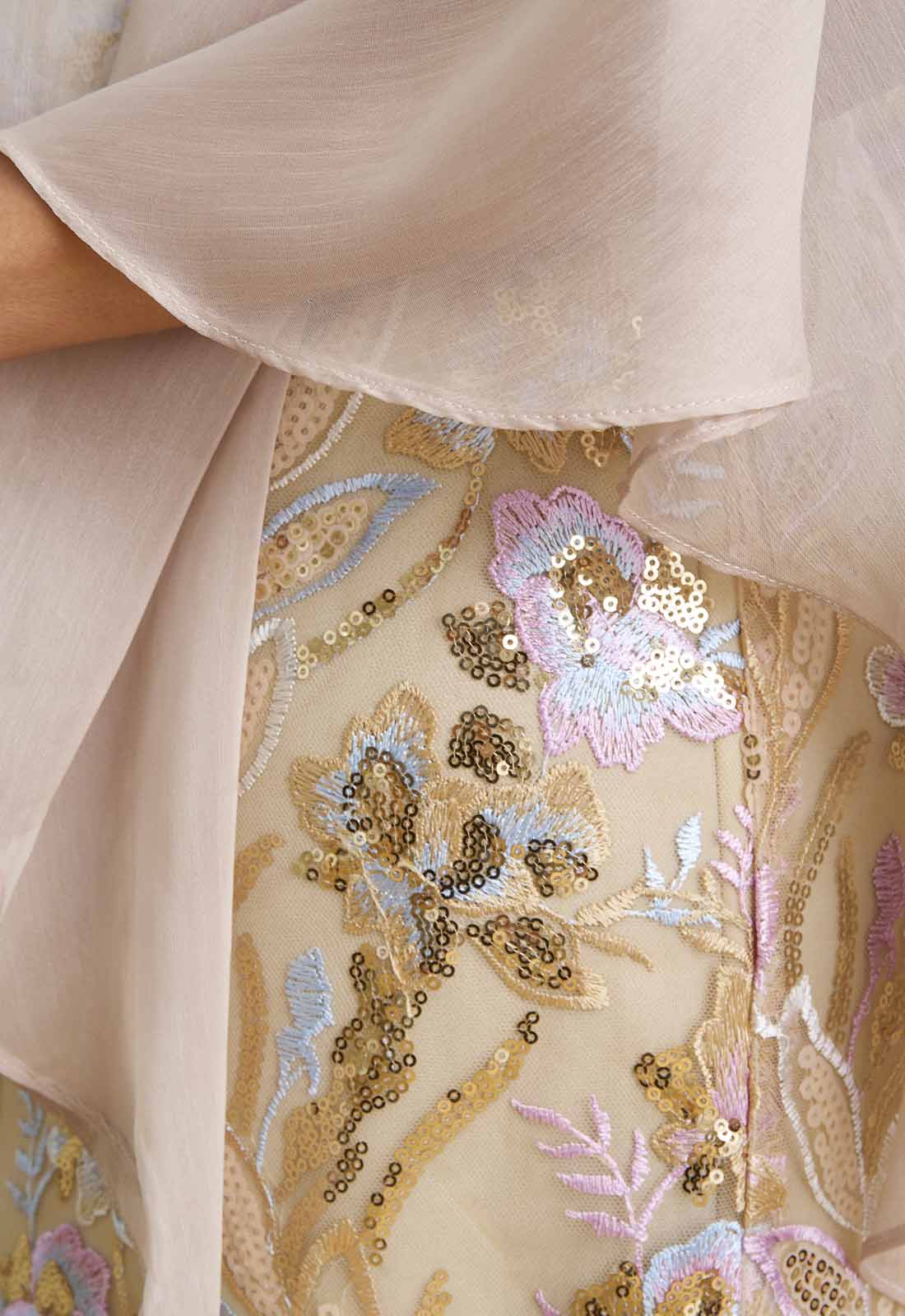 Gina Bacconi Champagne Monroe Short Embroidered Dress With Chiffon Bodice - Image 8