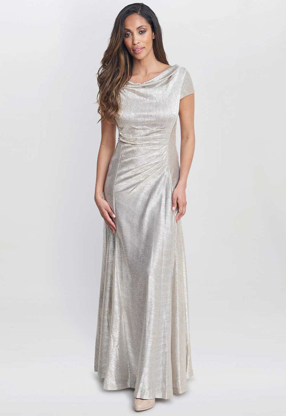 Gina Bacconi Champagne Alivia Metallic Cowl Maxi Dress - Image 4