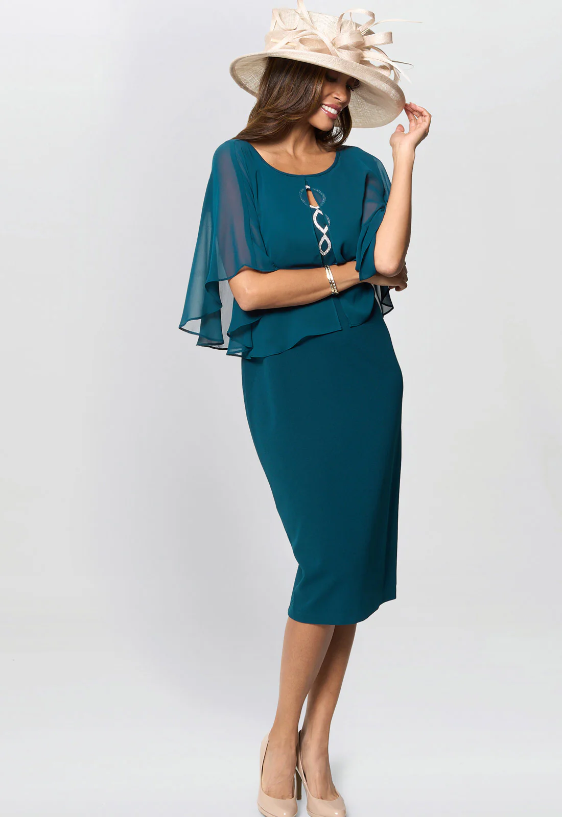 Gina Bacconi Dark Green Cherri Dress With Chiffon Overlay