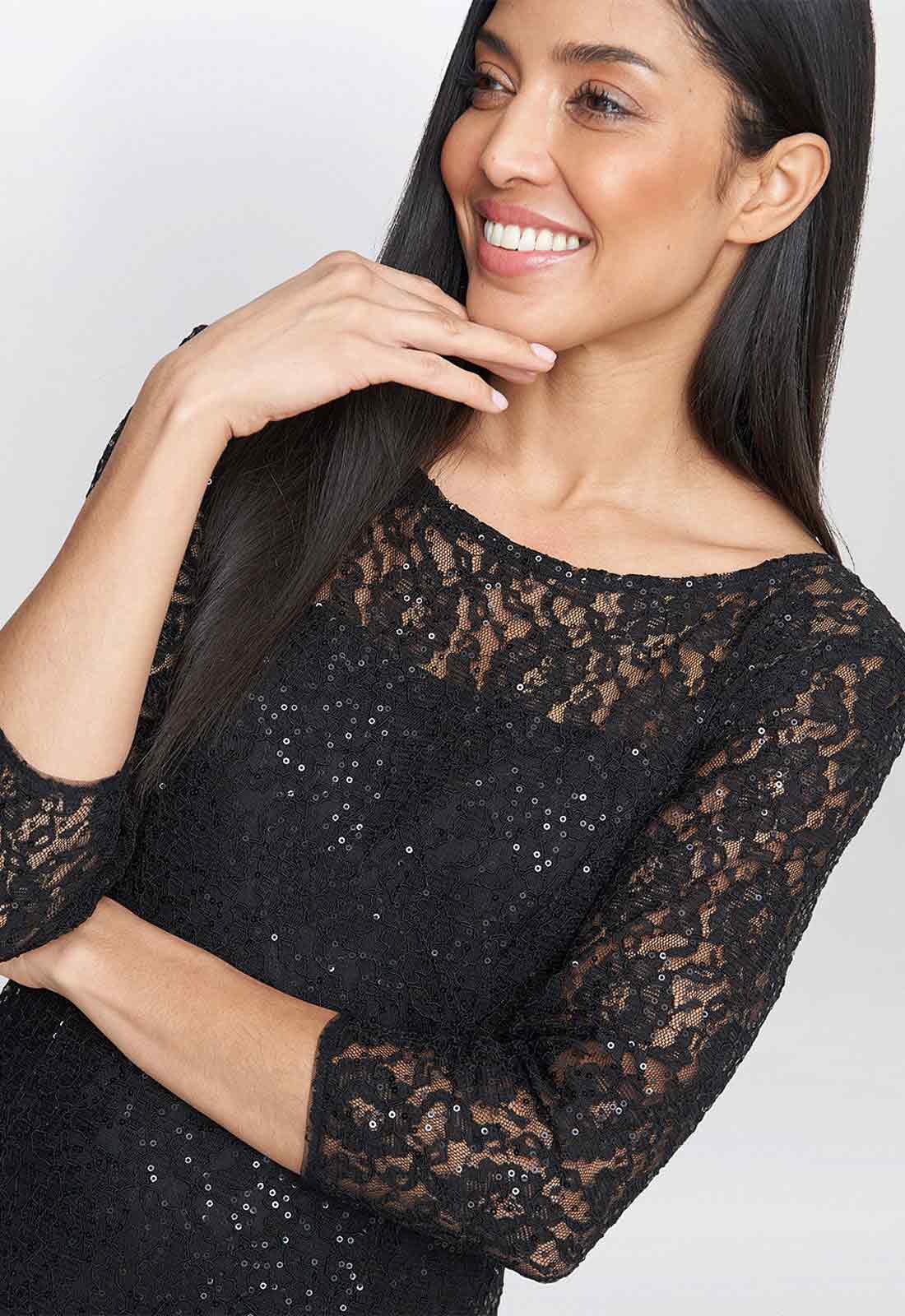 Gina Bacconi Black Elianna Sequin Lace Dress - Image 5