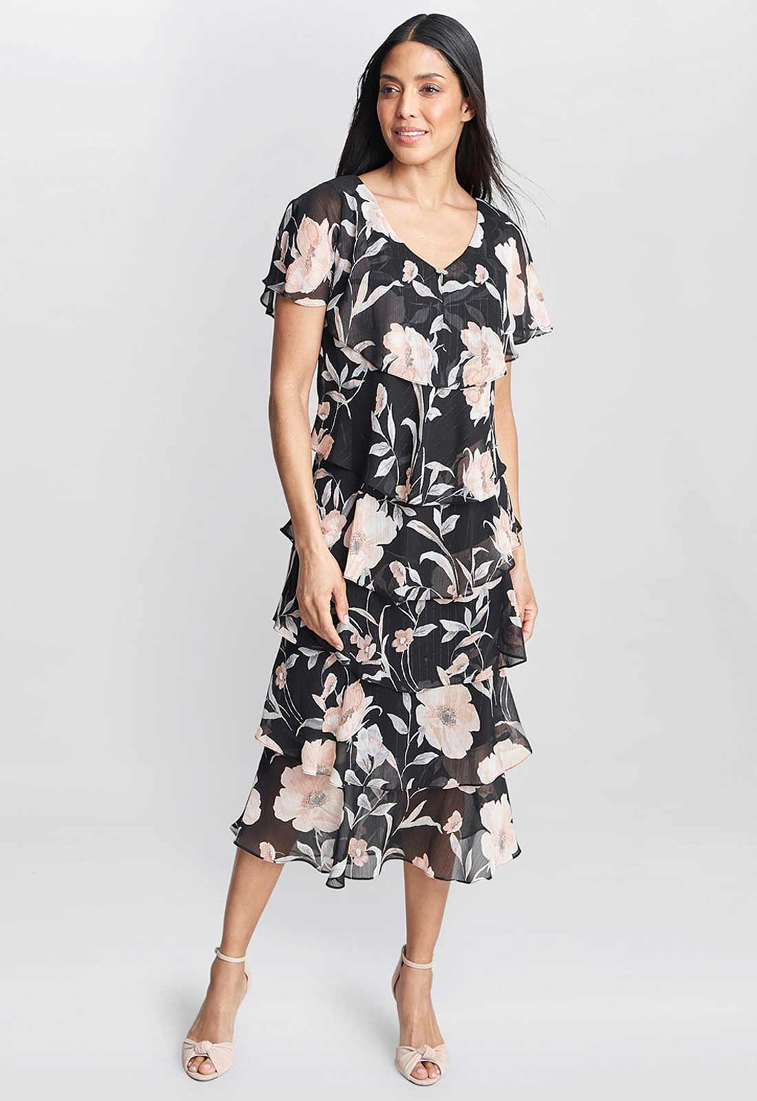 Gina Bacconi Frances Printed Midi Tiered Dress With Trim - Image 2