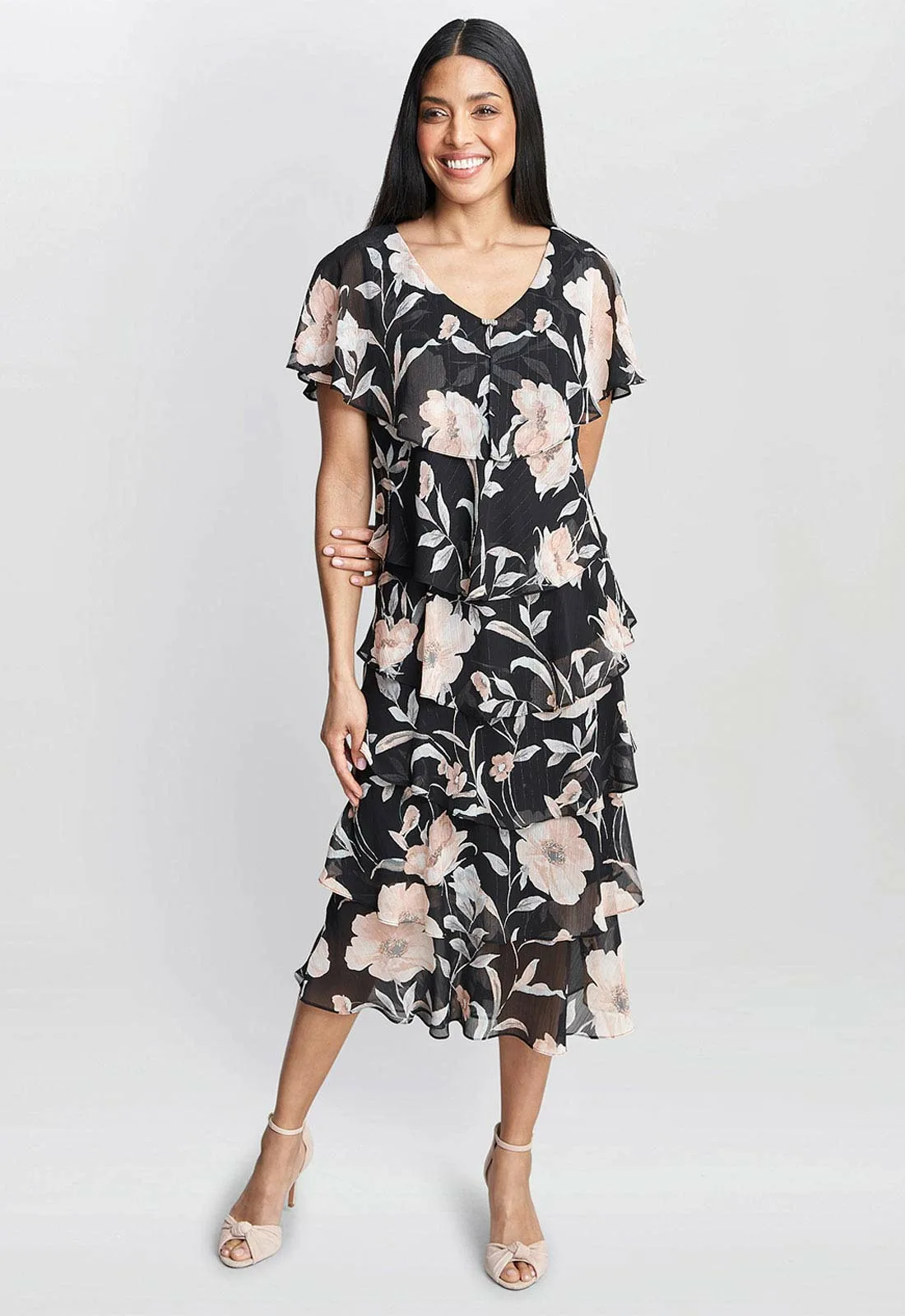 Gina Bacconi Frances Printed Midi Tiered Dress With Trim - Image 5
