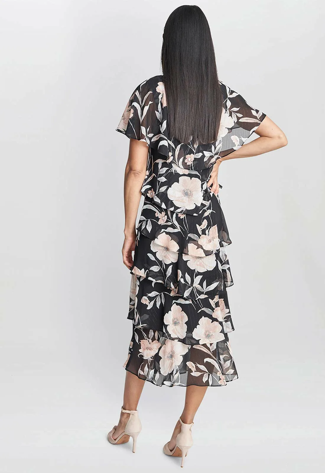 Gina Bacconi Frances Printed Midi Tiered Dress With Trim - Image 6