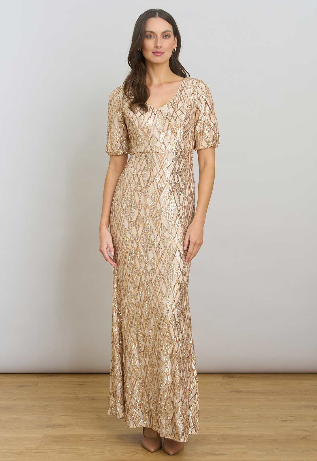 Gina Bacconi Gold Pat Sequin Maxi Dress - Image 3
