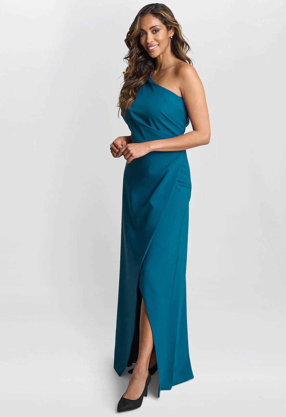 Gina Bacconi Teal Tori One Shoulder Stretch Crepe Maxi Dress - Image 2