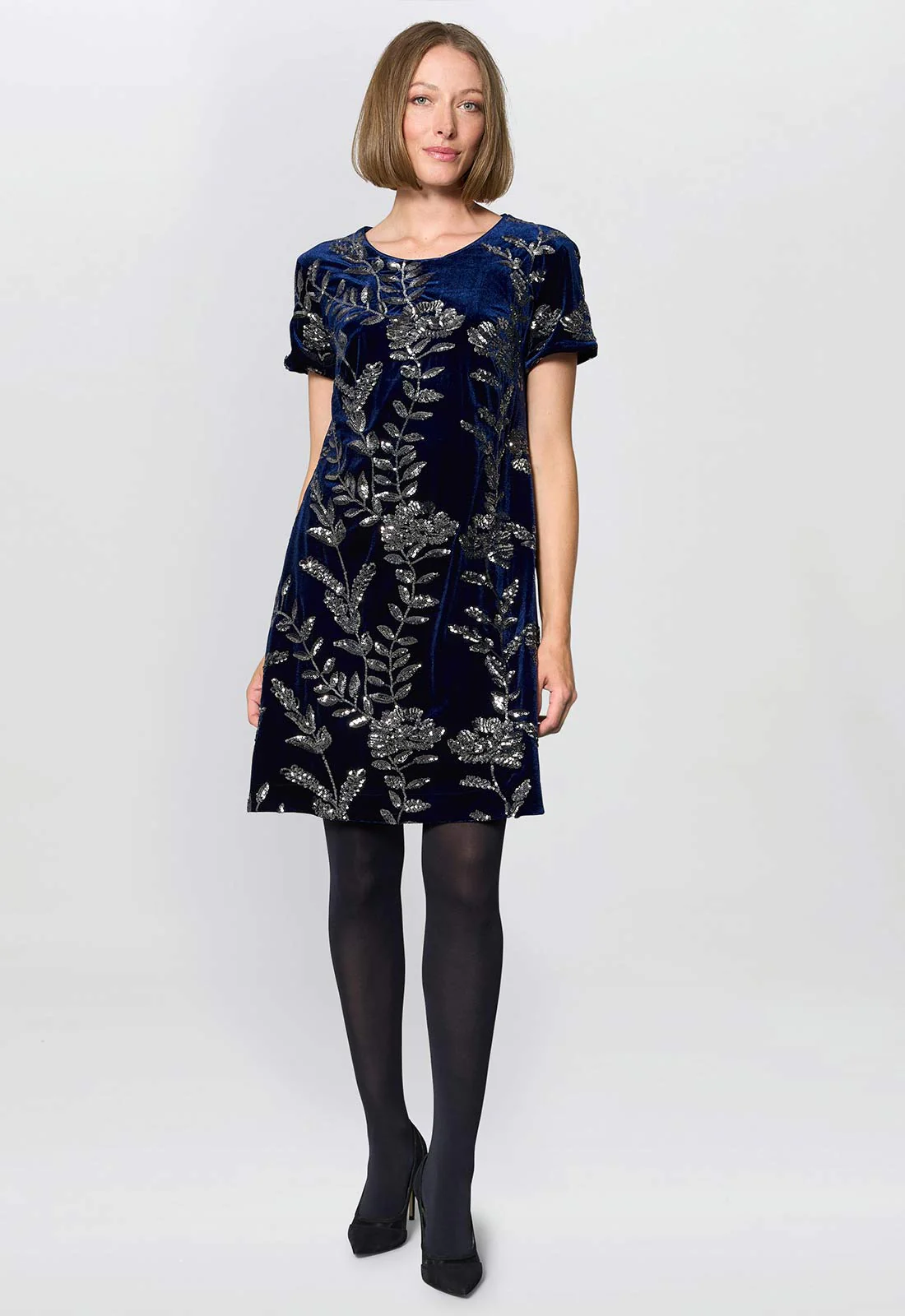 Gina Bacconi Navy Cleopatra Embroidered Velvet Dress - Image 6