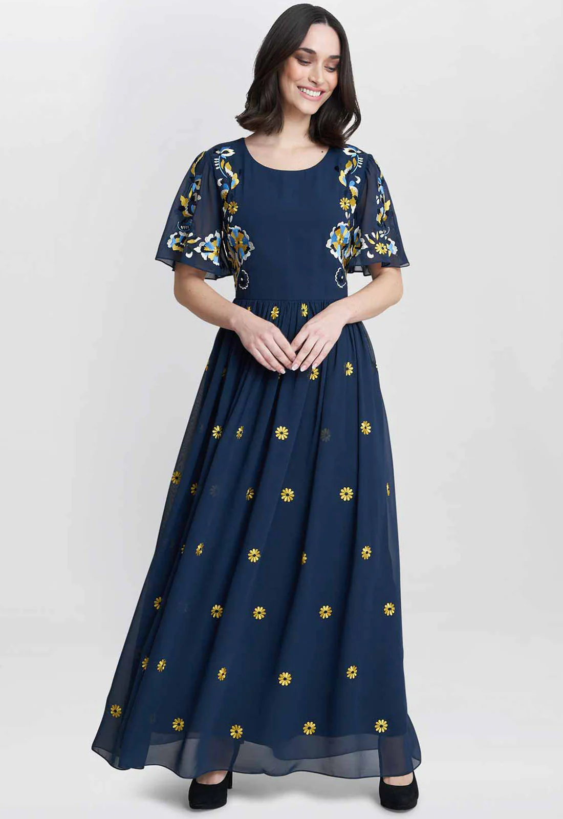 Gina Bacconi Navy Embroidered Dress With Flowers - Image 2