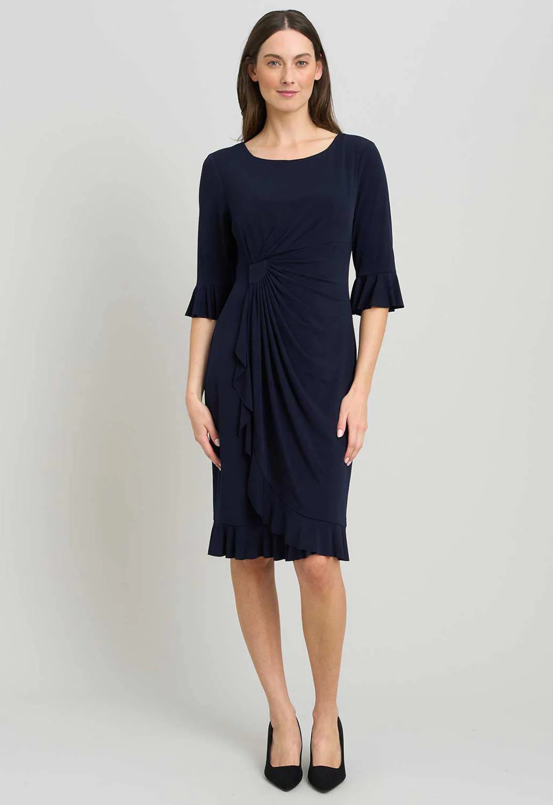 Gina Bacconi NAVY Faux Wrap Jersey Dress With Frill Hem