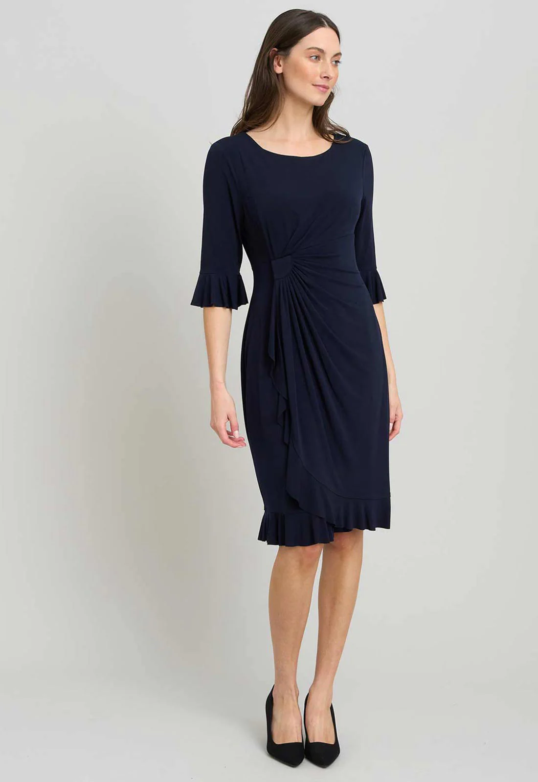 Gina Bacconi NAVY Faux Wrap Jersey Dress With Frill Hem - Image 3
