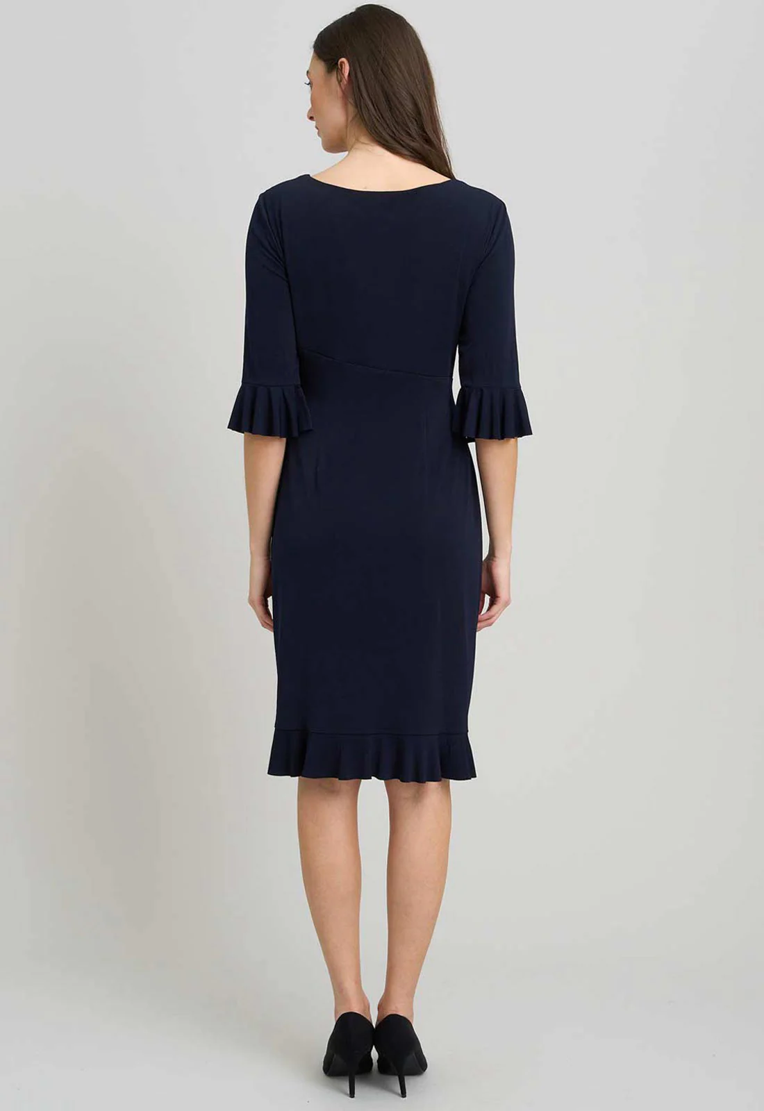 Gina Bacconi NAVY Faux Wrap Jersey Dress With Frill Hem - Image 4