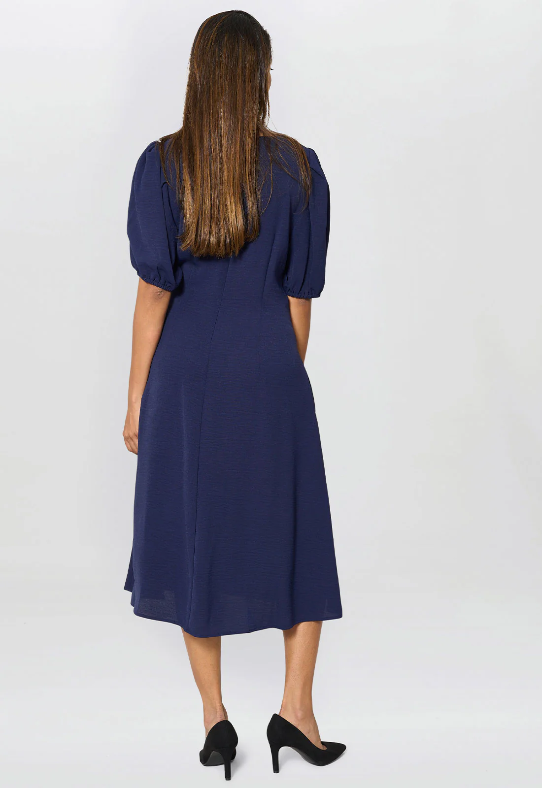 Gina Bacconi Navy Flora Puff Sleeve Midi Dress - Image 2