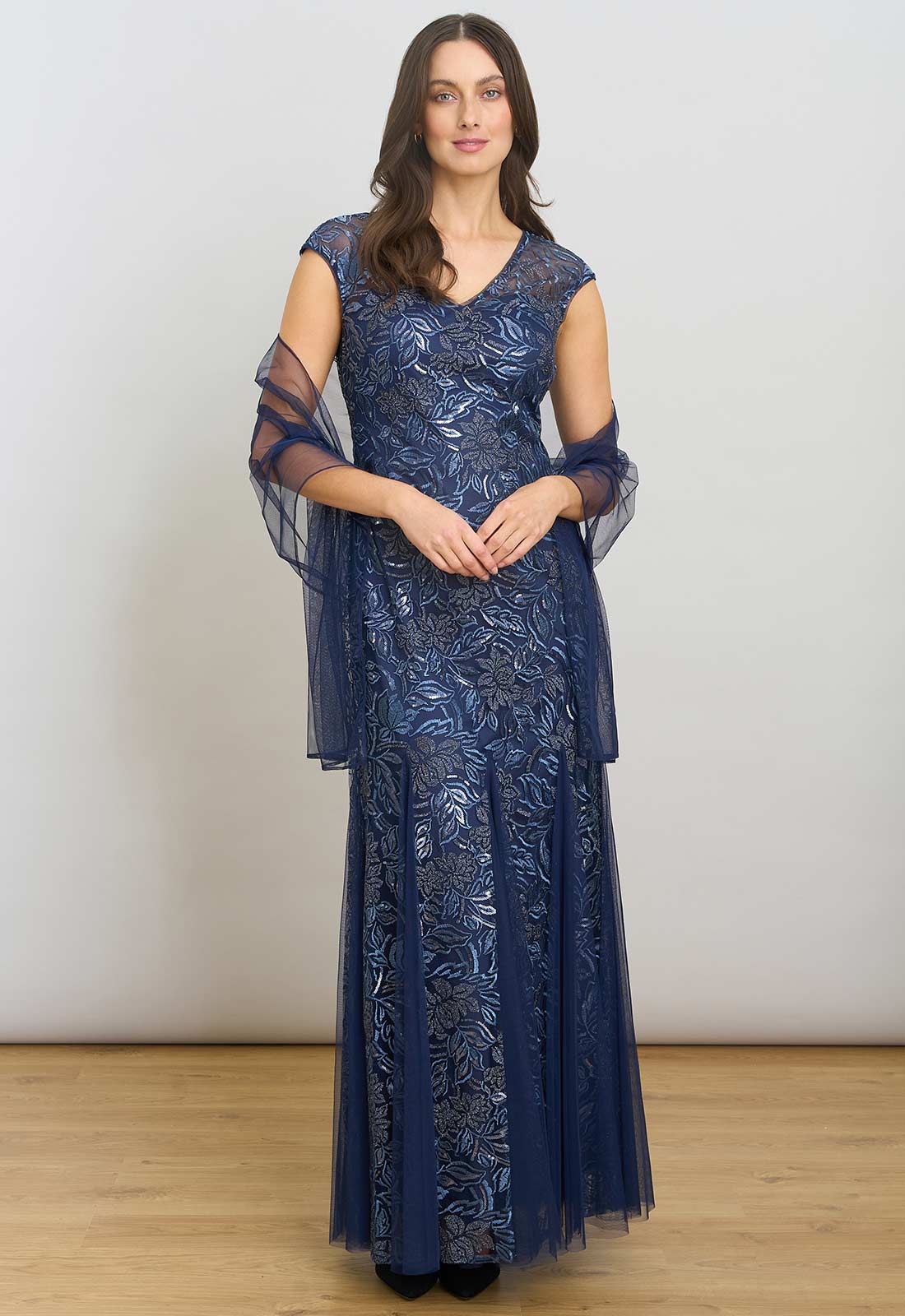 Gina Bacconi Navy Indy Maxi Dress With Matching Scarf - Image 3