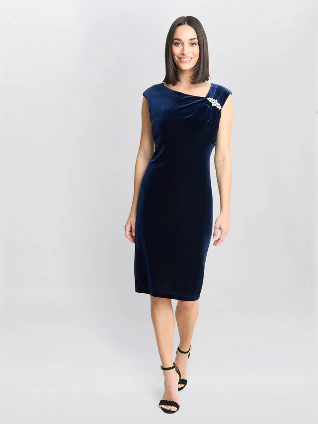 Gina Bacconi Navy Justine Sleeveless Velvet Dress With Trim - Image 4