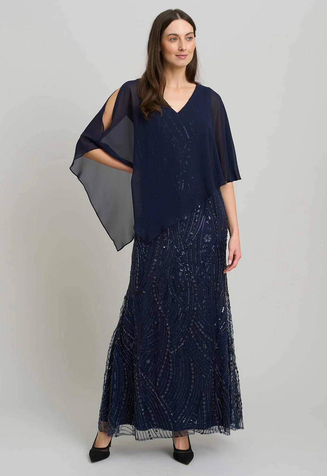 Gina Bacconi NAVY Leslie Embellished Maxi Dress