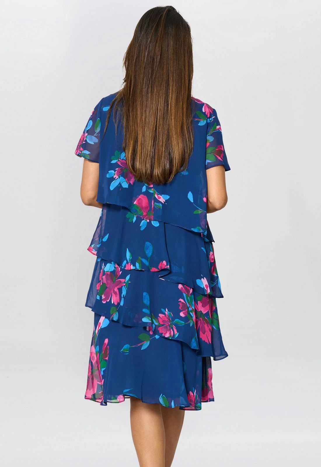 Gina Bacconi Navy / Multi Talie Tiered Floral Chiffon Dress - Image 2