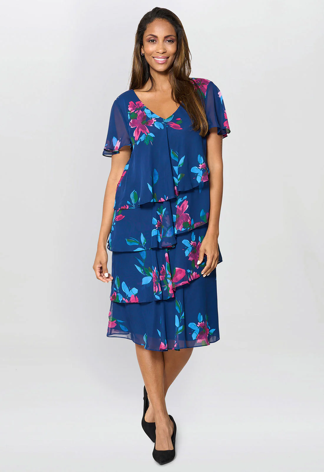 Gina Bacconi Navy / Multi Talie Tiered Floral Chiffon Dress - Image 3