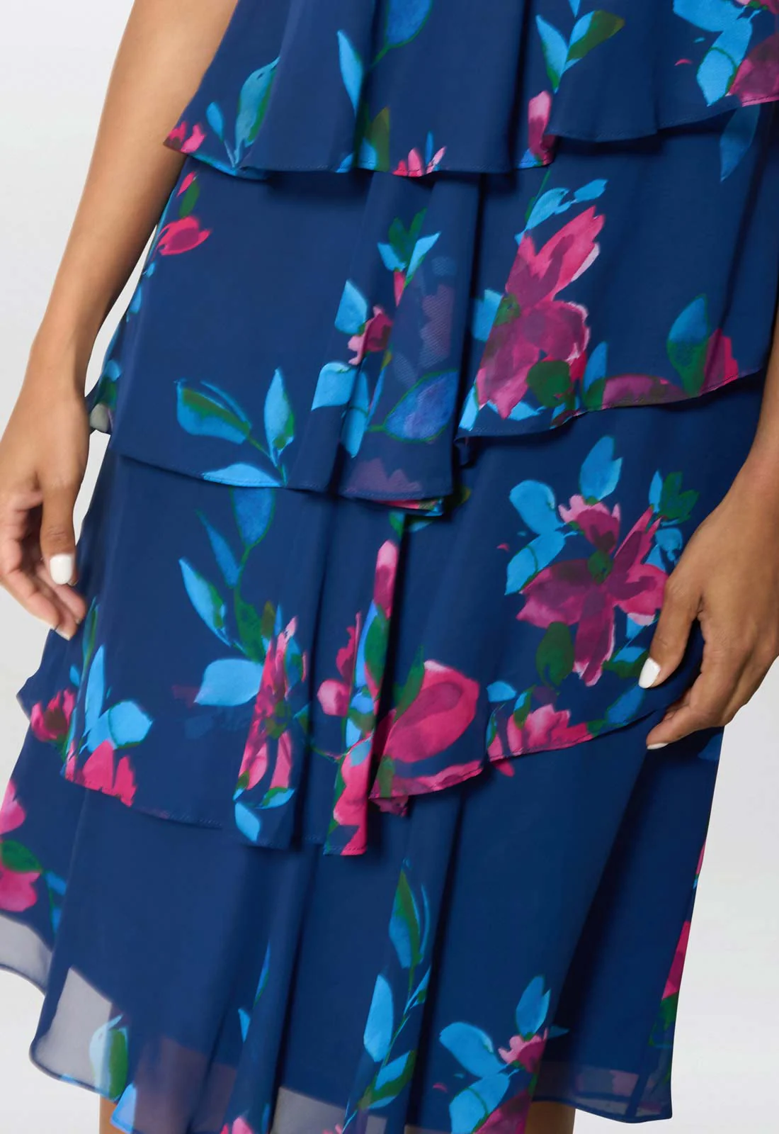 Gina Bacconi Navy / Multi Talie Tiered Floral Chiffon Dress - Image 4