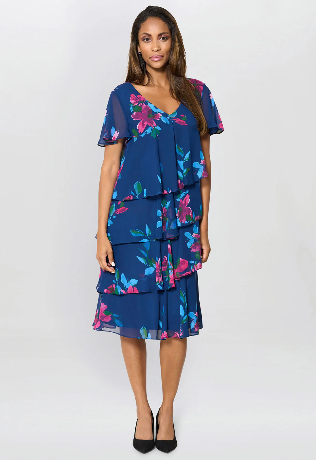 Gina Bacconi Navy / Multi Talie Tiered Floral Chiffon Dress - Image 5