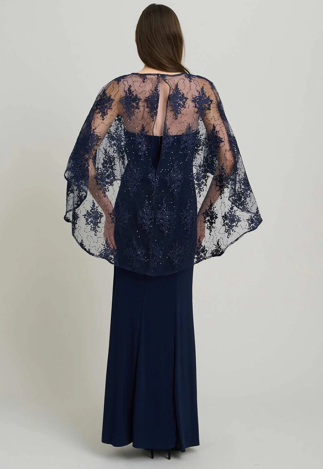 Gina Bacconi NAVY / NUDE Desire Jersey Maxi Dress With Lace Cape - Image 4