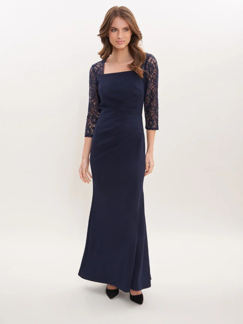 Gina Bacconi Navy Una Maxi Dress With Lace Sleeves