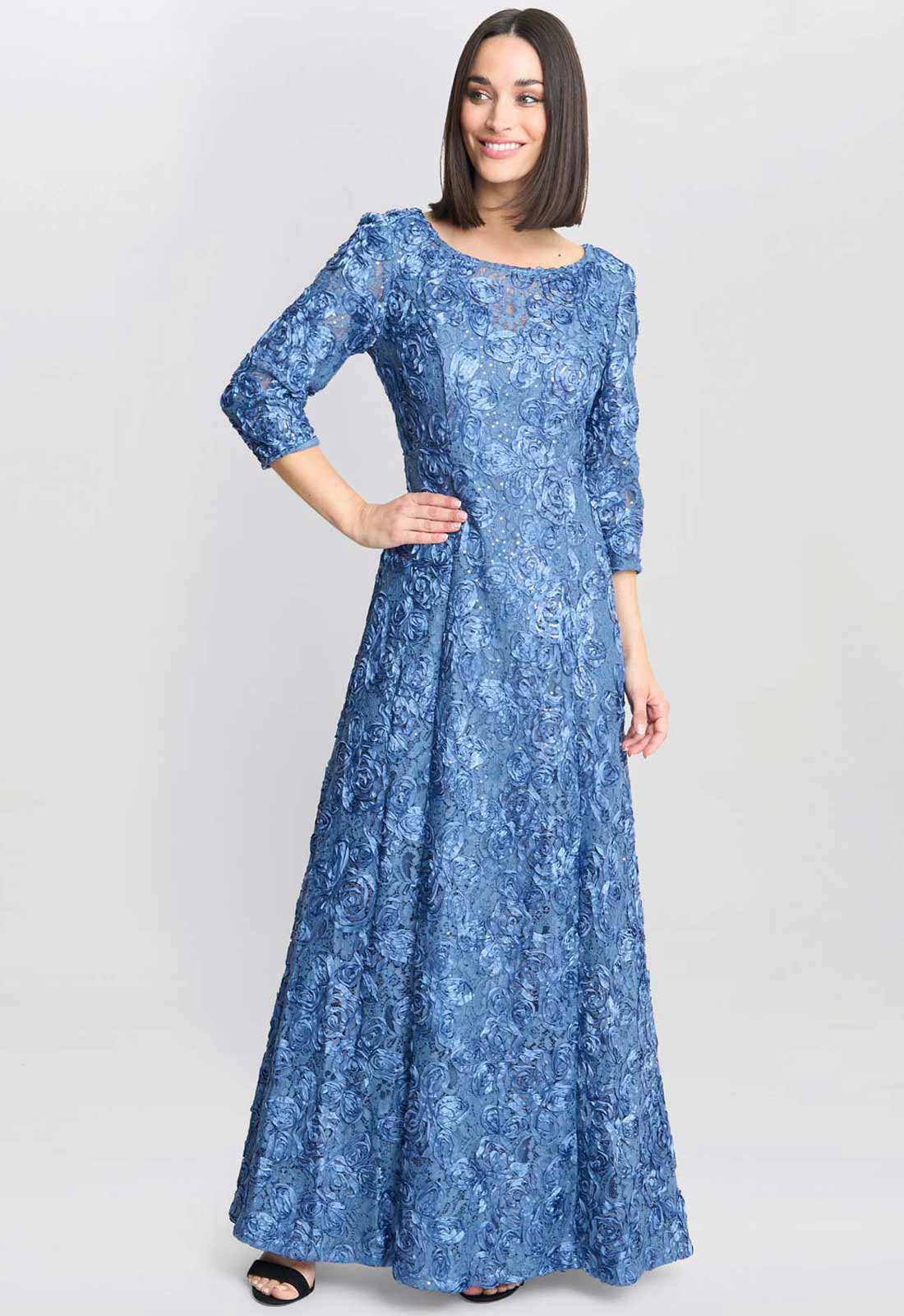 Gina Bacconi Blue Susanna Rosette Maxi Dress With 3/4 Illusion Sleeves - Image 2