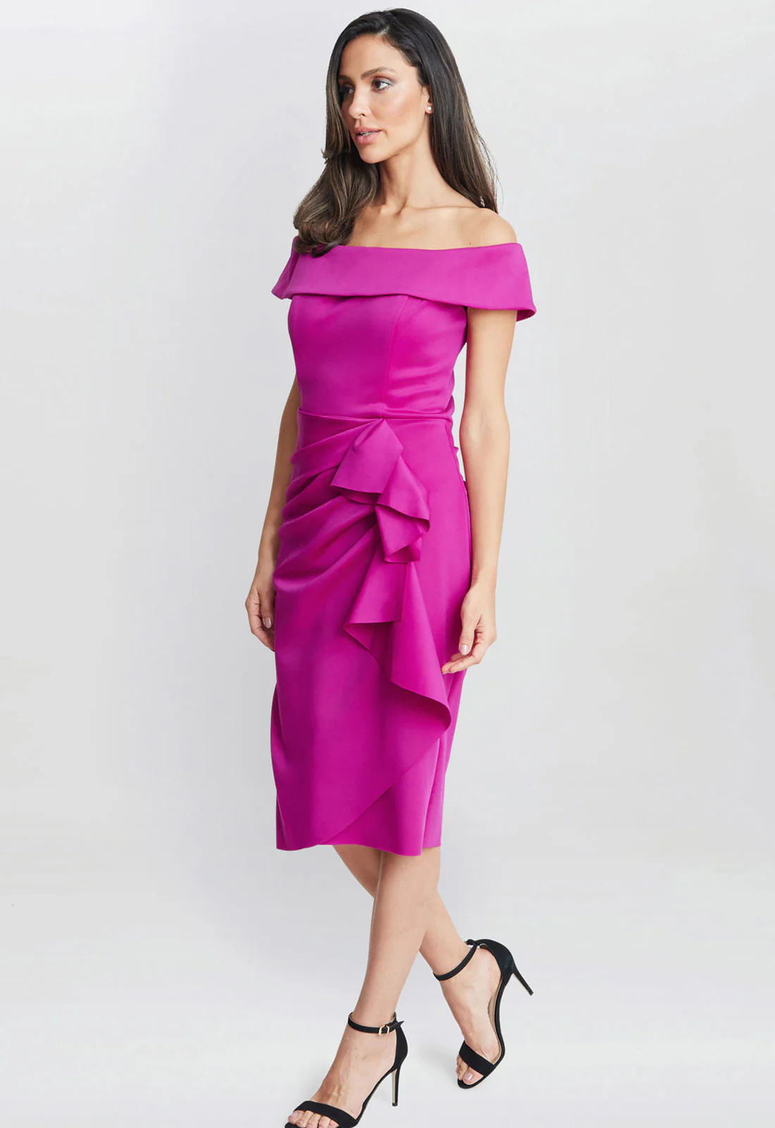 Gina Bacconi Pink Izzy Off The Shoulder Ruched Dress - Image 3