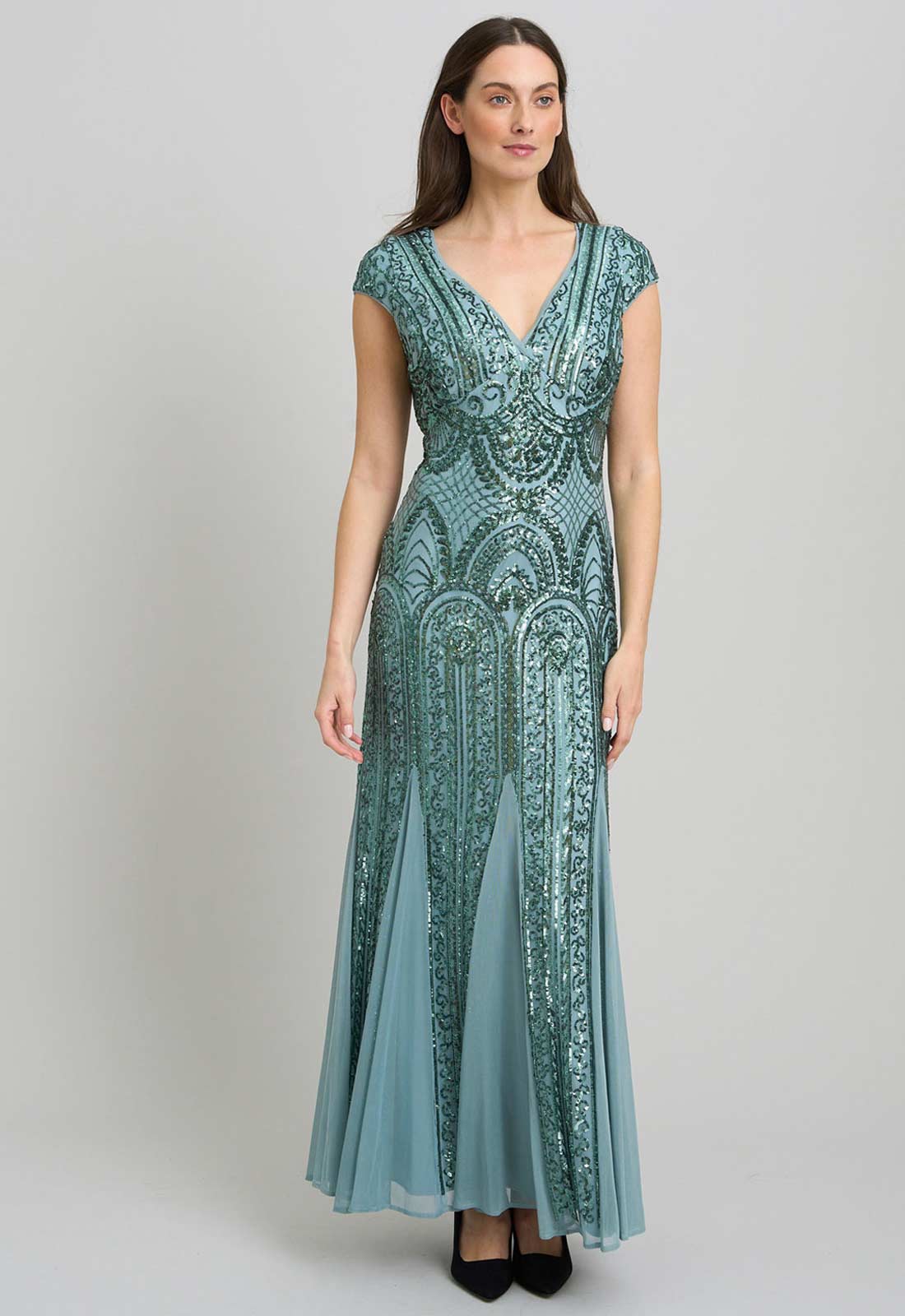 Gina Bacconi Sea Mist Mimsy V Neck Beaded Maxi Dress - Image 5
