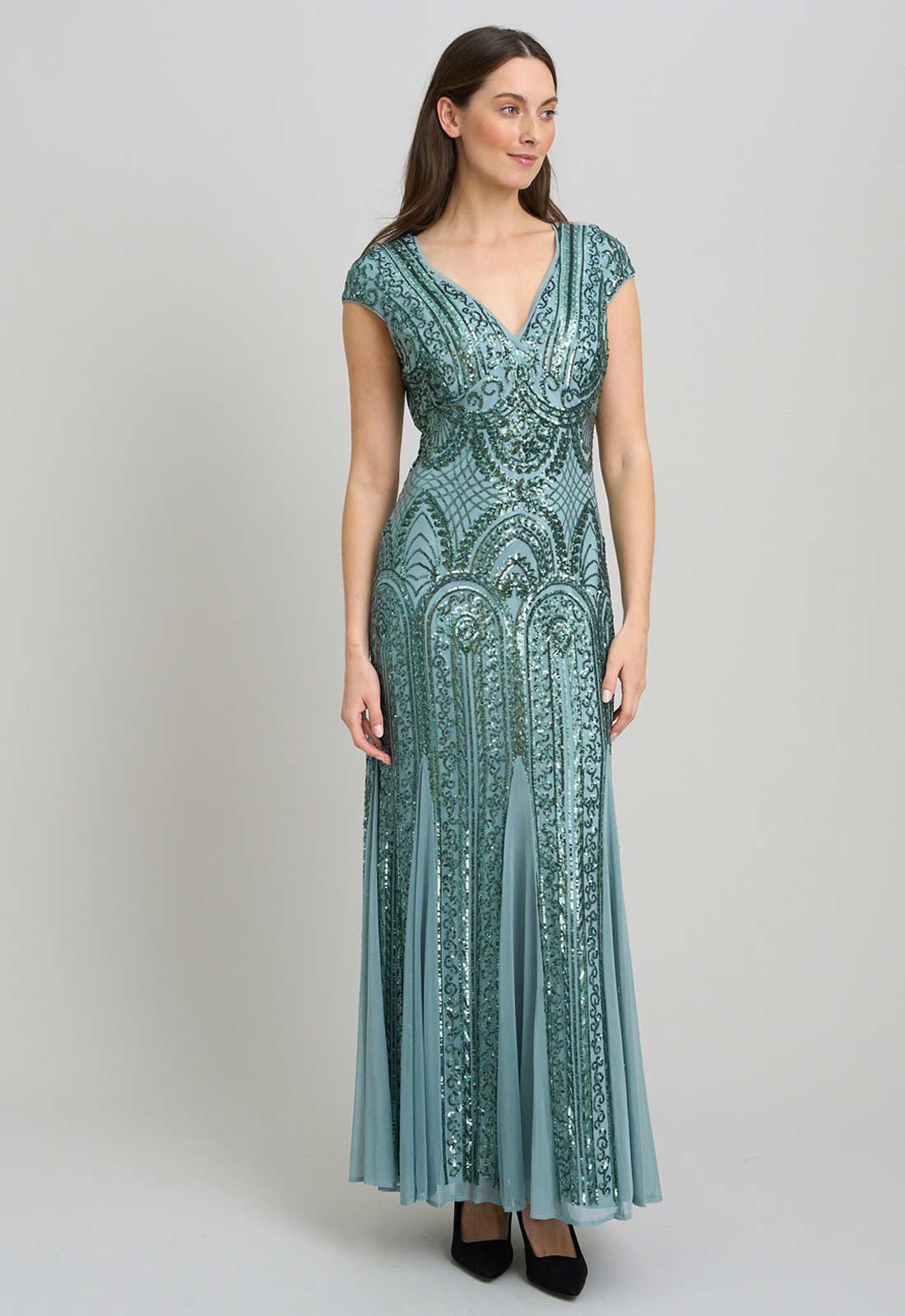 Gina Bacconi Sea Mist Mimsy V Neck Beaded Maxi Dress - Image 7