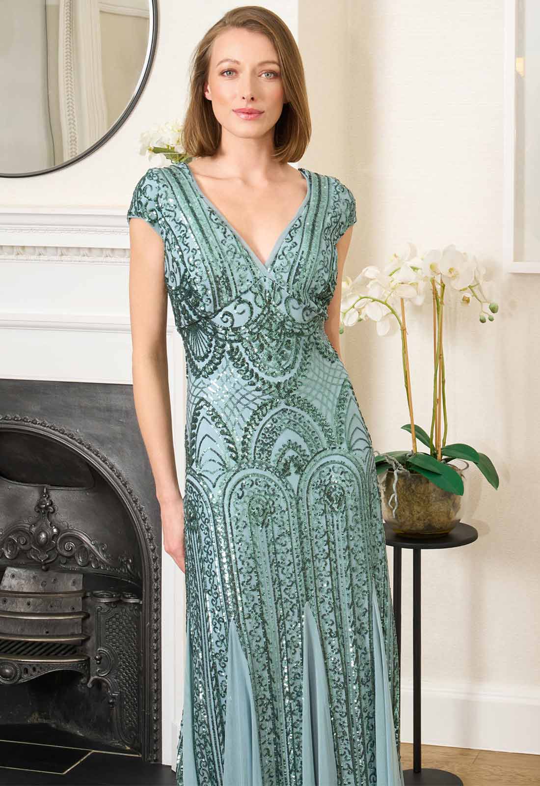 Gina Bacconi Sea Mist Mimsy V Neck Beaded Maxi Dress - Image 9