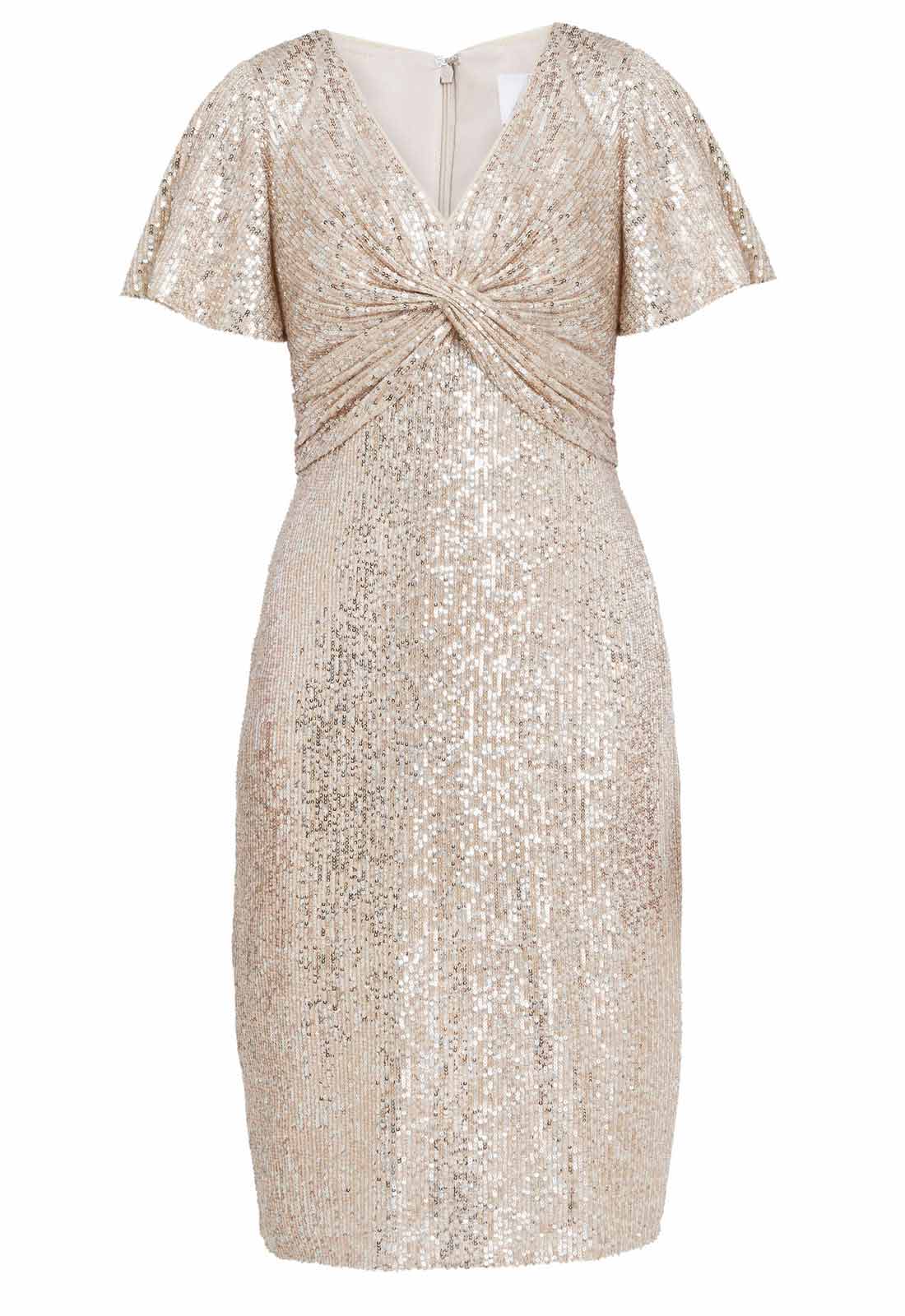 Gina Bacconi Taupe Krista V Neck Twist Sequin Dress - Image 5