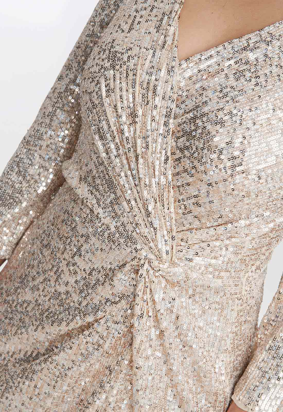 Gina Bacconi Taupe Amanda Knot Front Sequin Dress - Image 4