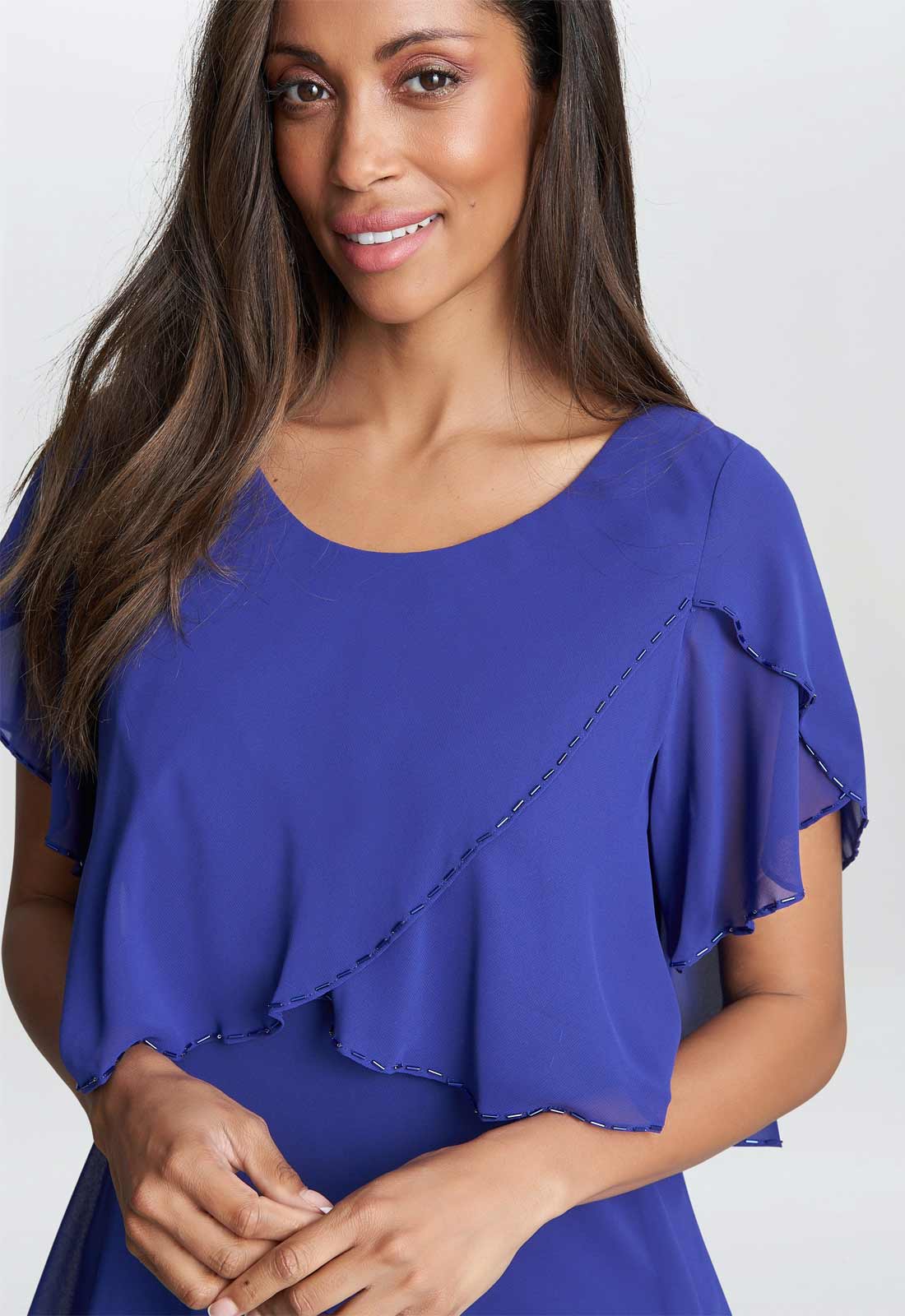 Gina Bacconi Trysta Bugle Beaded Trim Tiered Cocktail Dress With Flitter Sleeves - Image 2