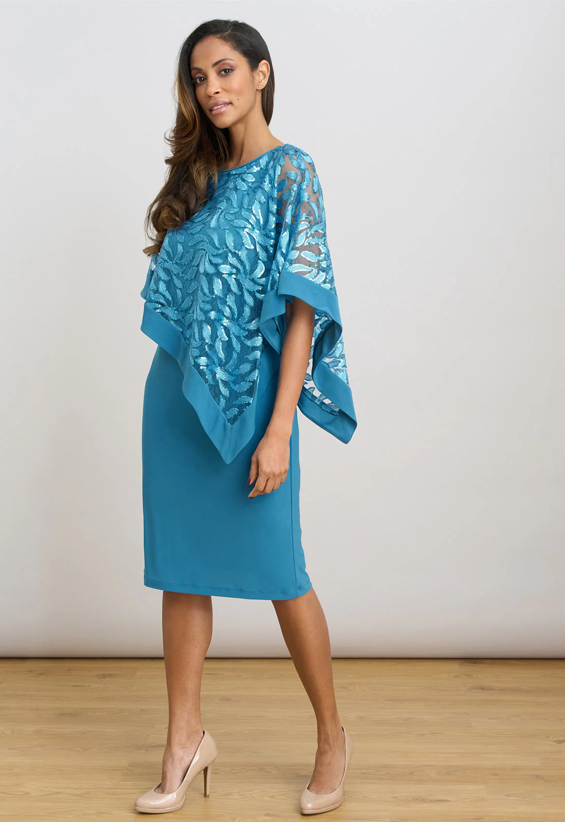 Gina Bacconi Turquoise Darlene Embroidered Cape Dress - Image 2