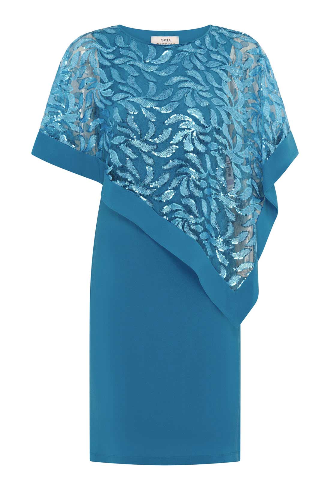 Gina Bacconi Turquoise Darlene Embroidered Cape Dress - Image 4